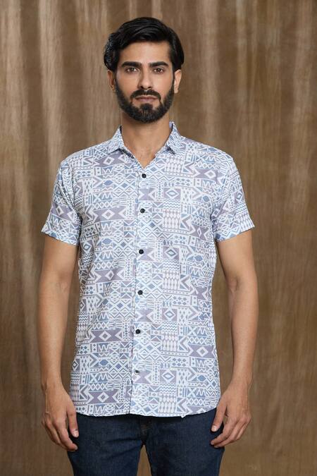 Aryavir Malhotra Grey Cotton Geometric Print Short Sleeve Shirt Online at Aza Fashions Aryavir Malhotra_Grey Cotton Geometric Print Short Sleeve Shirt_Online_at_Aza_Fashions
