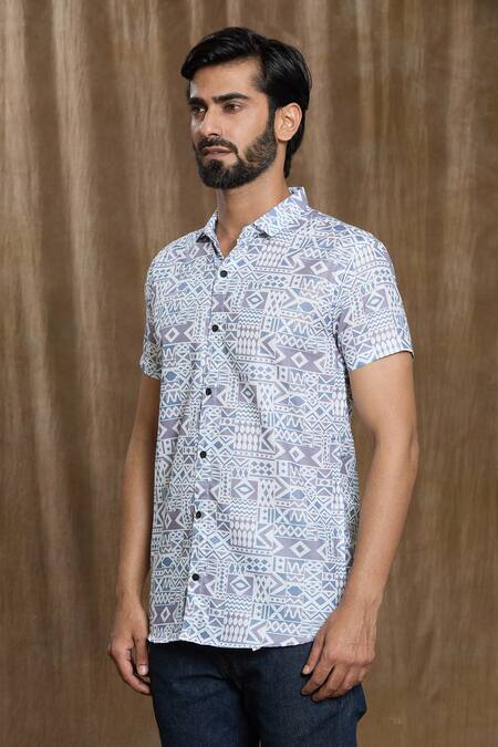 Buy Aryavir Malhotra Grey Cotton Geometric Print Short Sleeve Shirt Online at Aza Fashions Buy_Aryavir Malhotra_Grey Cotton Geometric Print Short Sleeve Shirt_Online_at_Aza_Fashions