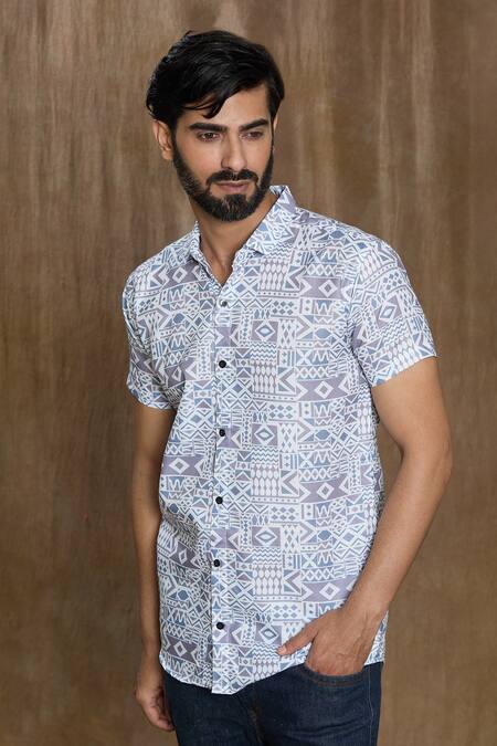 Shop Aryavir Malhotra Grey Cotton Geometric Print Short Sleeve Shirt Online at Aza Fashions Shop_Aryavir Malhotra_Grey Cotton Geometric Print Short Sleeve Shirt_Online_at_Aza_Fashions