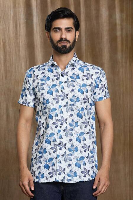 Aryavir Malhotra Multi Color Cotton Autumn Leaves Print Shirt at Aza Fashions Aryavir Malhotra_Multi Color Cotton Autumn Leaves Print Shirt_at_Aza_Fashions