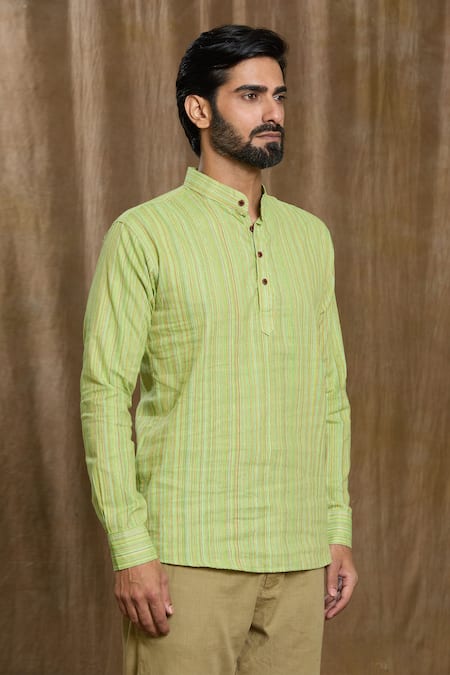 Aryavir Malhotra_Green Cotton Stripe Pattern Shirt_Online_at_Aza_Fashions