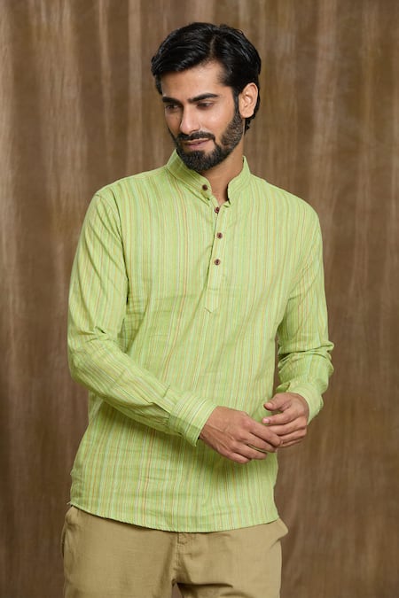 Buy_Aryavir Malhotra_Green Cotton Stripe Pattern Shirt_Online_at_Aza_Fashions