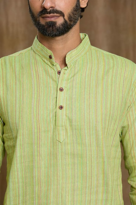 Aryavir Malhotra_Green Cotton Stripe Pattern Shirt_at_Aza_Fashions