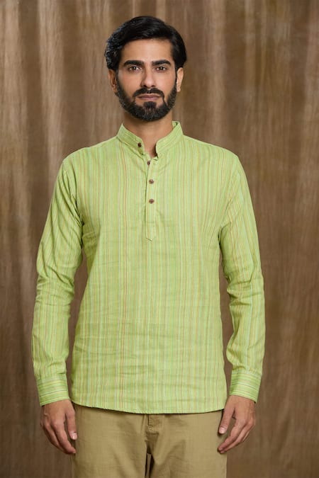 Buy_Aryavir Malhotra_Green Cotton Stripe Pattern Shirt