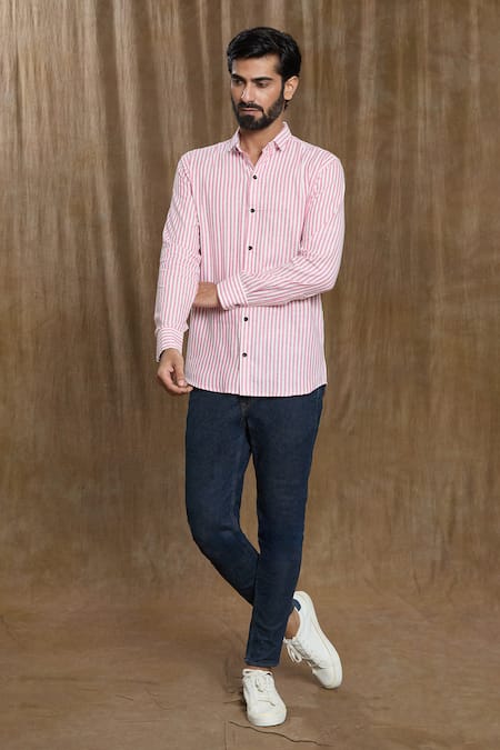 Arihant Rai Sinha Pink Cotton Print Stripe Shirt