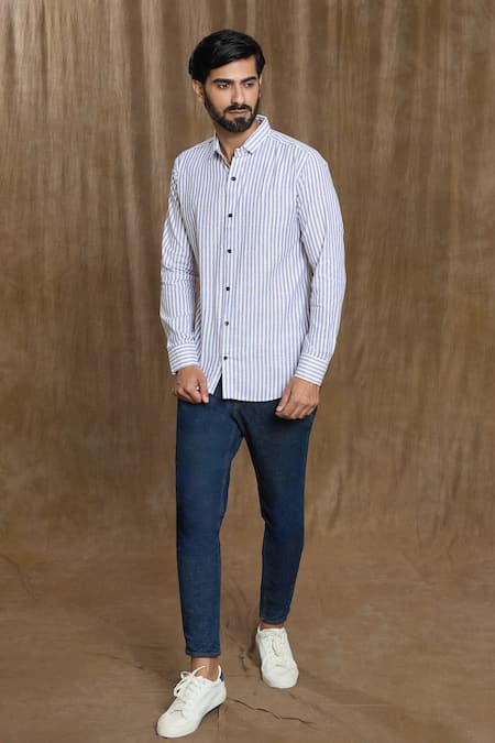 Arihant Rai Sinha Grey Cotton Print Stripe Full Sleeve Shirt 