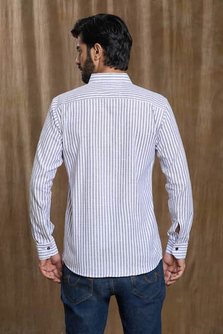 Shop Aryavir Malhotra Grey Cotton Full Sleeve Stripe Print Shirt at Aza Fashions Shop_Aryavir Malhotra_Grey Cotton Full Sleeve Stripe Print Shirt_at_Aza_Fashions