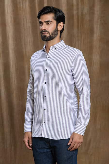 Aryavir Malhotra Grey Cotton Full Sleeve Stripe Print Shirt Online at Aza Fashions Aryavir Malhotra_Grey Cotton Full Sleeve Stripe Print Shirt_Online_at_Aza_Fashions
