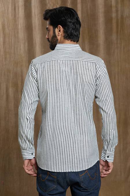 Shop_Aryavir Malhotra_Grey Cotton Vertical Stripe Print Shirt_at_Aza_Fashions