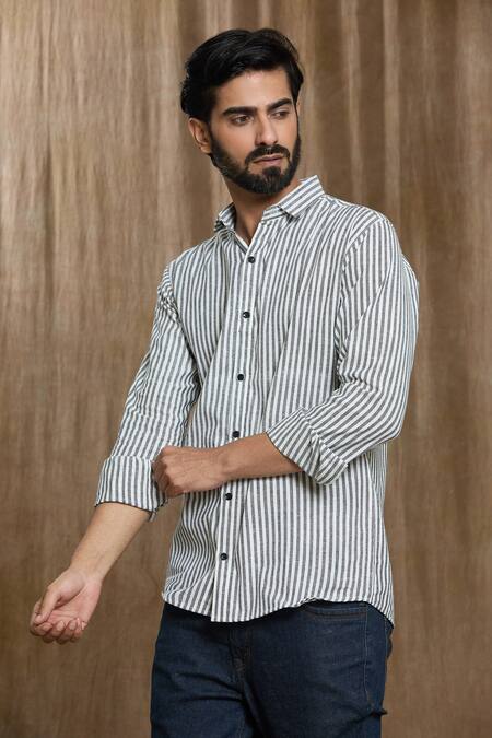 Aryavir Malhotra_Grey Cotton Vertical Stripe Print Shirt_Online_at_Aza_Fashions