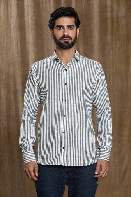 Shop_Aryavir Malhotra_Grey Cotton Vertical Stripe Print Shirt_Online_at_Aza_Fashions