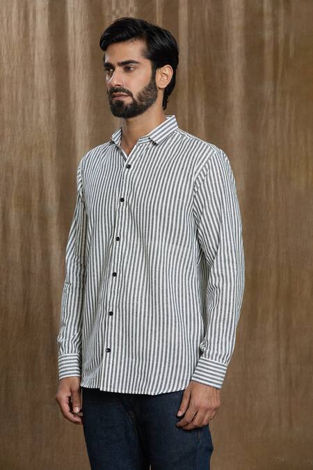Buy_Aryavir Malhotra_Grey Cotton Vertical Stripe Print Shirt