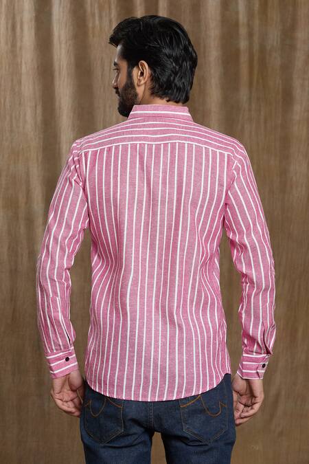 Shop Aryavir Malhotra Pink Cotton Stripe Print Full Sleeve Shirt at Aza Fashions Shop_Aryavir Malhotra_Pink Cotton Stripe Print Full Sleeve Shirt_at_Aza_Fashions
