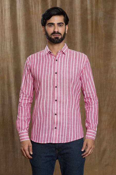 Aryavir Malhotra Pink Cotton Stripe Print Full Sleeve Shirt Online at Aza Fashions Aryavir Malhotra_Pink Cotton Stripe Print Full Sleeve Shirt_Online_at_Aza_Fashions
