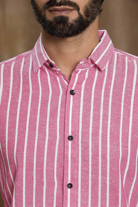 Buy Aryavir Malhotra Pink Cotton Stripe Print Full Sleeve Shirt Online at Aza Fashions Buy_Aryavir Malhotra_Pink Cotton Stripe Print Full Sleeve Shirt_Online_at_Aza_Fashions