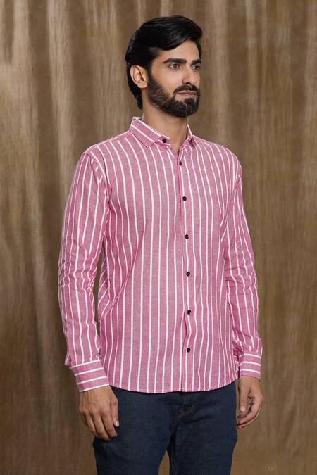 Shop Aryavir Malhotra Pink Cotton Stripe Print Full Sleeve Shirt Online at Aza Fashions Shop_Aryavir Malhotra_Pink Cotton Stripe Print Full Sleeve Shirt_Online_at_Aza_Fashions