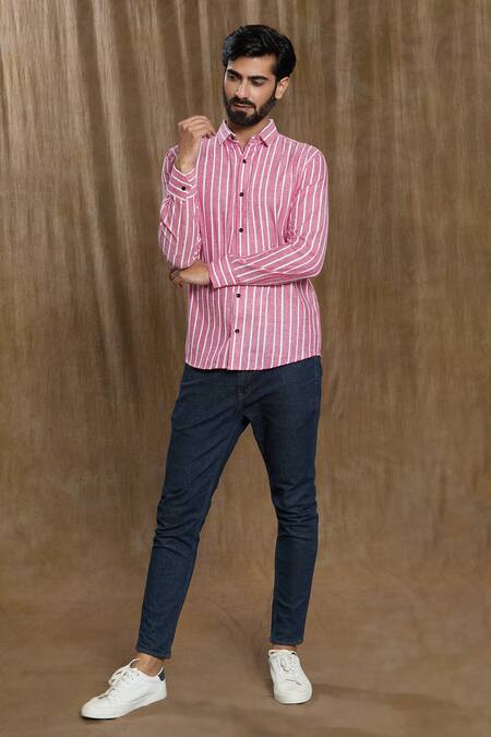 Aryavir Malhotra Pink Cotton Stripe Print Full Sleeve Shirt at Aza Fashions Aryavir Malhotra_Pink Cotton Stripe Print Full Sleeve Shirt_at_Aza_Fashions