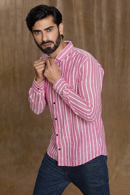 Buy Aryavir Malhotra Pink Cotton Stripe Print Full Sleeve Shirt Buy_Aryavir Malhotra_Pink Cotton Stripe Print Full Sleeve Shirt