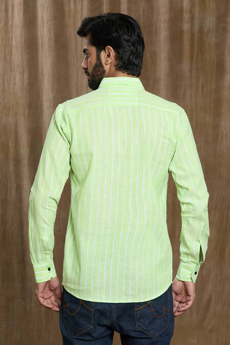 Shop_Arihant Rai Sinha_Green Cotton Faded Stripe Print Shirt _at_Aza_Fashions