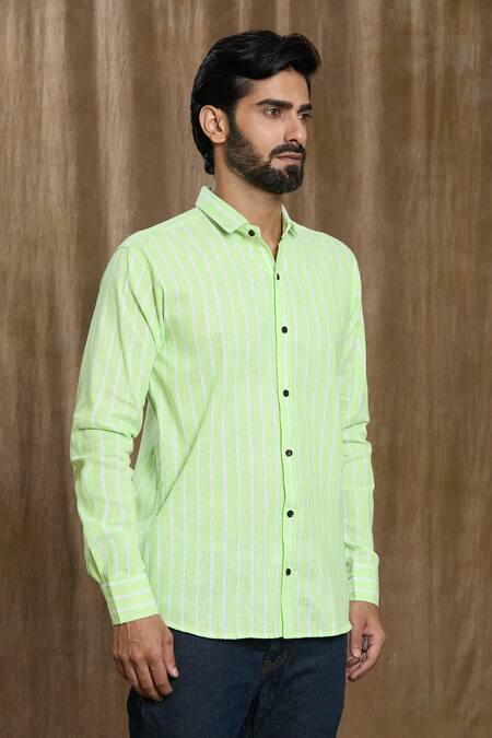 Arihant Rai Sinha_Green Cotton Faded Stripe Print Shirt _Online_at_Aza_Fashions
