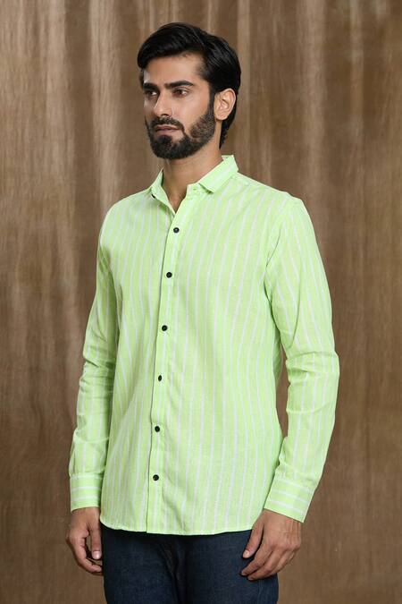 Buy_Arihant Rai Sinha_Green Cotton Faded Stripe Print Shirt _Online_at_Aza_Fashions