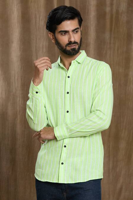 Shop_Arihant Rai Sinha_Green Cotton Faded Stripe Print Shirt _Online_at_Aza_Fashions