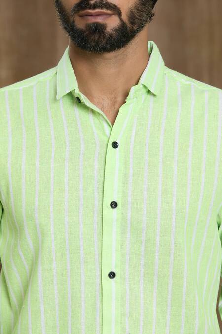 Arihant Rai Sinha_Green Cotton Faded Stripe Print Shirt _at_Aza_Fashions