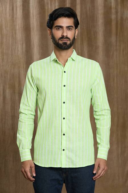 Buy_Arihant Rai Sinha_Green Cotton Faded Stripe Print Shirt 