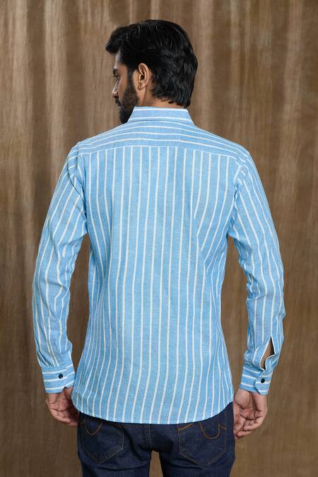 Shop Aryavir Malhotra Blue Cotton Stripe Print Full Sleeve Shirt at Aza Fashions Shop_Aryavir Malhotra_Blue Cotton Stripe Print Full Sleeve Shirt_at_Aza_Fashions