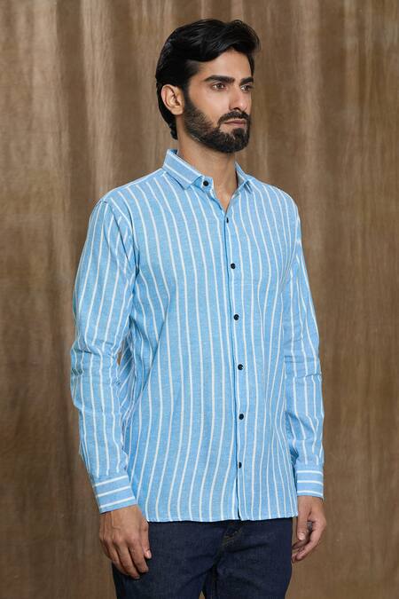 Aryavir Malhotra Blue Cotton Stripe Print Full Sleeve Shirt Online at Aza Fashions Aryavir Malhotra_Blue Cotton Stripe Print Full Sleeve Shirt_Online_at_Aza_Fashions