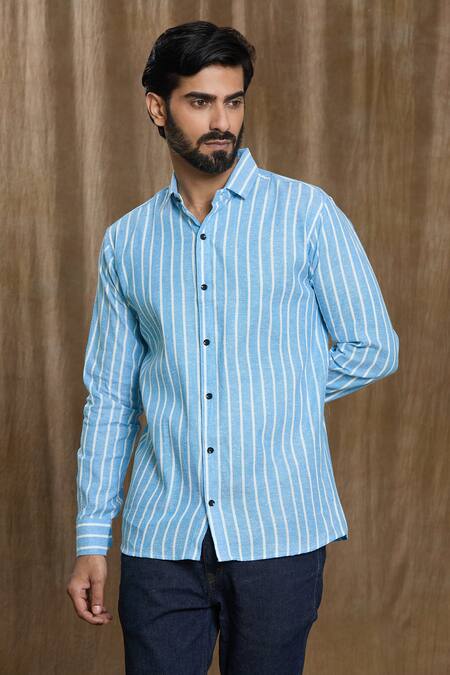 Buy Aryavir Malhotra Blue Cotton Stripe Print Full Sleeve Shirt Online at Aza Fashions Buy_Aryavir Malhotra_Blue Cotton Stripe Print Full Sleeve Shirt_Online_at_Aza_Fashions