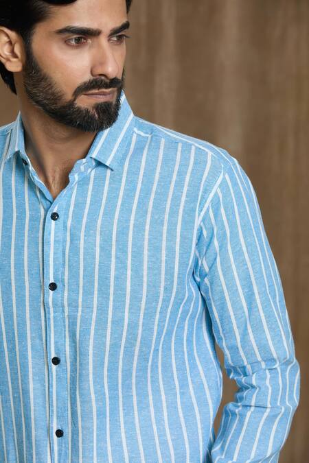 Shop Aryavir Malhotra Blue Cotton Stripe Print Full Sleeve Shirt Online at Aza Fashions Shop_Aryavir Malhotra_Blue Cotton Stripe Print Full Sleeve Shirt_Online_at_Aza_Fashions