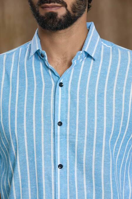 Aryavir Malhotra Blue Cotton Stripe Print Full Sleeve Shirt at Aza Fashions Aryavir Malhotra_Blue Cotton Stripe Print Full Sleeve Shirt_at_Aza_Fashions
