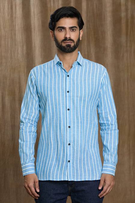 Buy Aryavir Malhotra Blue Cotton Stripe Print Full Sleeve Shirt Buy_Aryavir Malhotra_Blue Cotton Stripe Print Full Sleeve Shirt