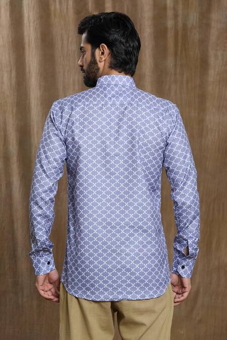 Shop_Arihant Rai Sinha_Blue Cotton Quatrefoil Print Shirt _at_Aza_Fashions