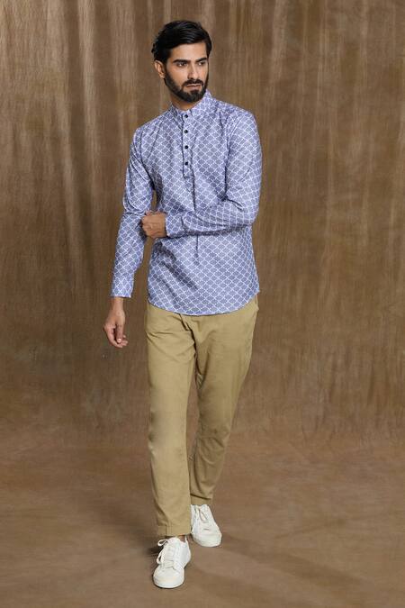Arihant Rai Sinha_Blue Cotton Quatrefoil Print Shirt _Online_at_Aza_Fashions