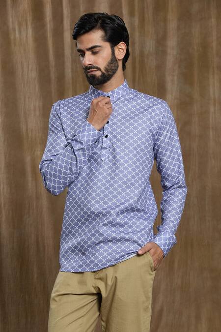 Shop_Arihant Rai Sinha_Blue Cotton Quatrefoil Print Shirt _Online_at_Aza_Fashions
