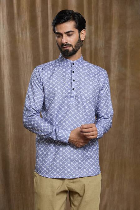 Arihant Rai Sinha_Blue Cotton Quatrefoil Print Shirt _at_Aza_Fashions