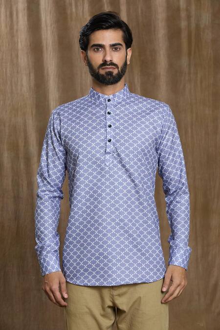 Shop_Arihant Rai Sinha_Blue Cotton Quatrefoil Print Shirt 