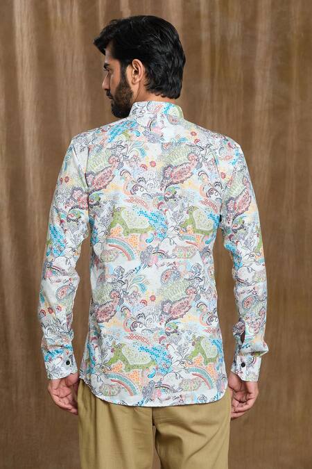 Shop Aryavir Malhotra Multi Color Cotton Embroidery Abstract Floral Print Shirt at Aza Fashions Shop_Aryavir Malhotra_Multi Color Cotton Embroidery Abstract Floral Print Shirt_at_Aza_Fashions