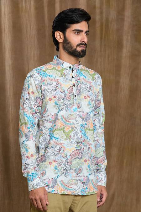 Aryavir Malhotra Multi Color Cotton Embroidery Abstract Floral Print Shirt Online at Aza Fashions Aryavir Malhotra_Multi Color Cotton Embroidery Abstract Floral Print Shirt_Online_at_Aza_Fashions