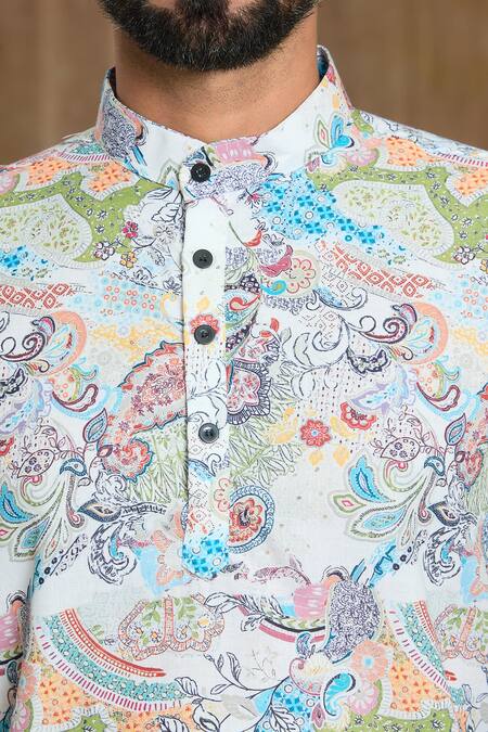 Shop Aryavir Malhotra Multi Color Cotton Embroidery Abstract Floral Print Shirt Online at Aza Fashions Shop_Aryavir Malhotra_Multi Color Cotton Embroidery Abstract Floral Print Shirt_Online_at_Aza_Fashions