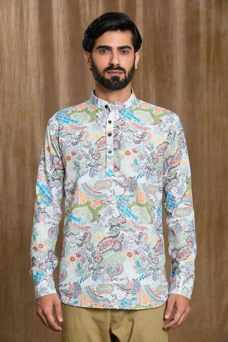 Aryavir Malhotra Multi Color Cotton Embroidery Abstract Floral Print Shirt at Aza Fashions Aryavir Malhotra_Multi Color Cotton Embroidery Abstract Floral Print Shirt_at_Aza_Fashions