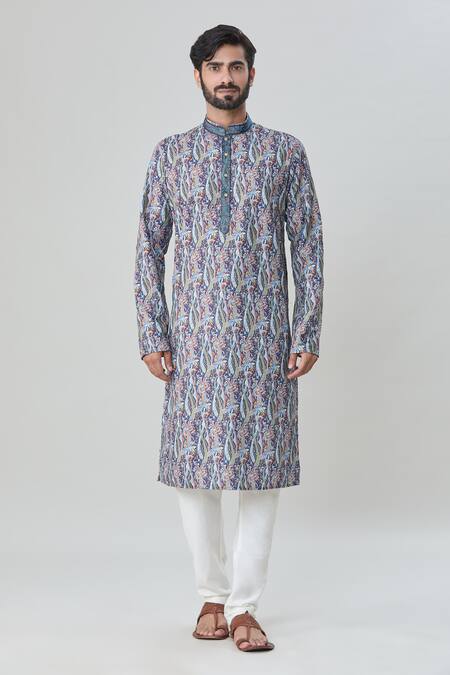 Arihant Rai Sinha_Blue Cotton Embroidery Floral Print Kurta And Churidar Set_Online_at_Aza_Fashions
