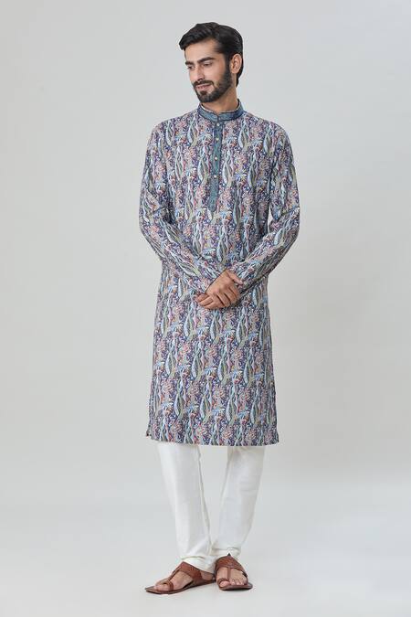 Buy_Arihant Rai Sinha_Blue Cotton Embroidery Floral Print Kurta And Churidar Set_Online_at_Aza_Fashions