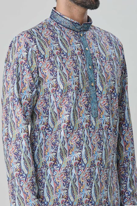 Shop_Arihant Rai Sinha_Blue Cotton Embroidery Floral Print Kurta And Churidar Set_Online_at_Aza_Fashions