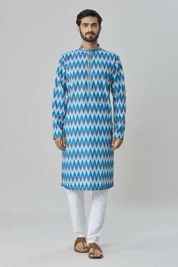 Buy_Arihant Rai Sinha_Blue Cotton, Pashmina Embroidery Floral And Chevron Print Kurta Set_Online_at_Aza_Fashions