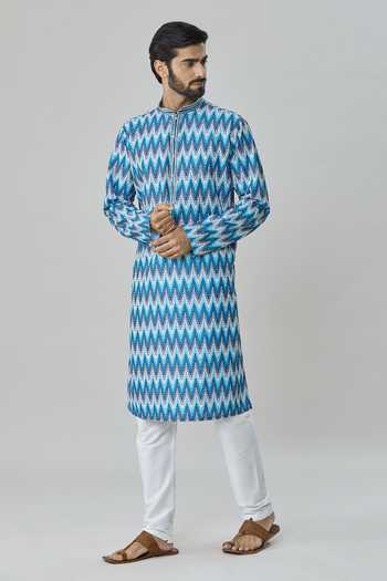 Shop_Arihant Rai Sinha_Blue Cotton, Pashmina Embroidery Floral And Chevron Print Kurta Set_Online_at_Aza_Fashions