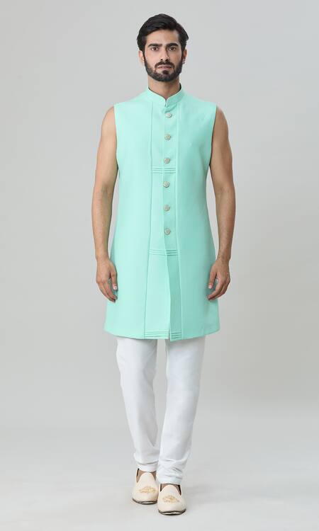 Arihant Rai Sinha_Green , Cotton, Satin Embroidery, Sequins Sherwani Churidar Set_Online_at_Aza_Fashions