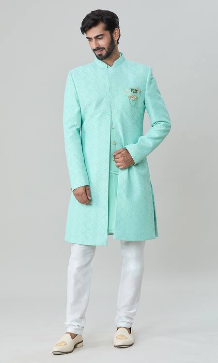 Buy_Arihant Rai Sinha_Green , Cotton, Satin Embroidery, Sequins Sherwani Churidar Set_Online_at_Aza_Fashions
